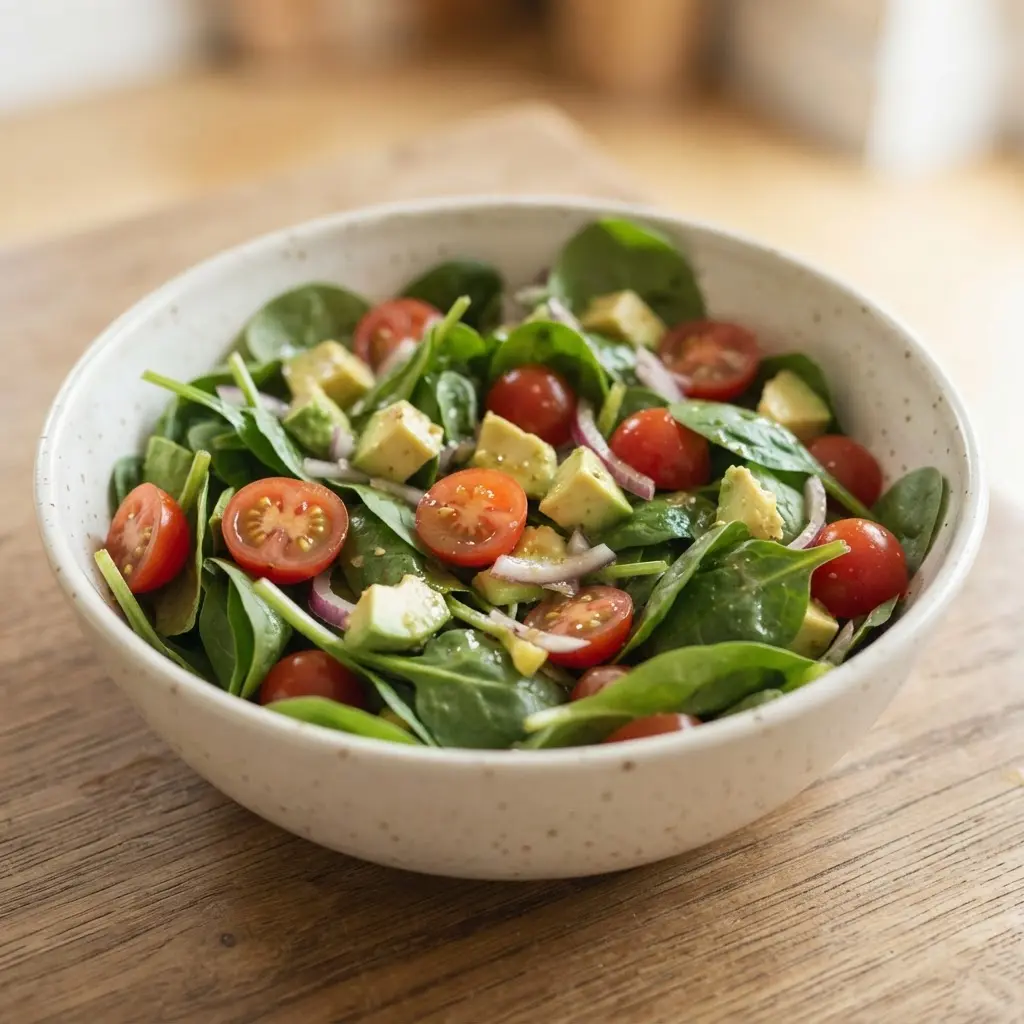 Spinach leaves, tomato, and avocado in a bowl illustrate health benefits of spinach for heart-friendly meals.