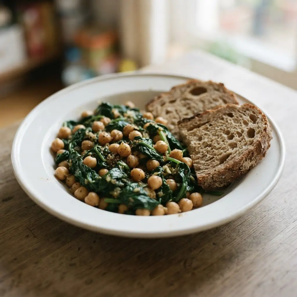 Fresh spinach, chickpeas, and whole-grain bread illustrate health benefits of spinach in a fiber-rich plate.