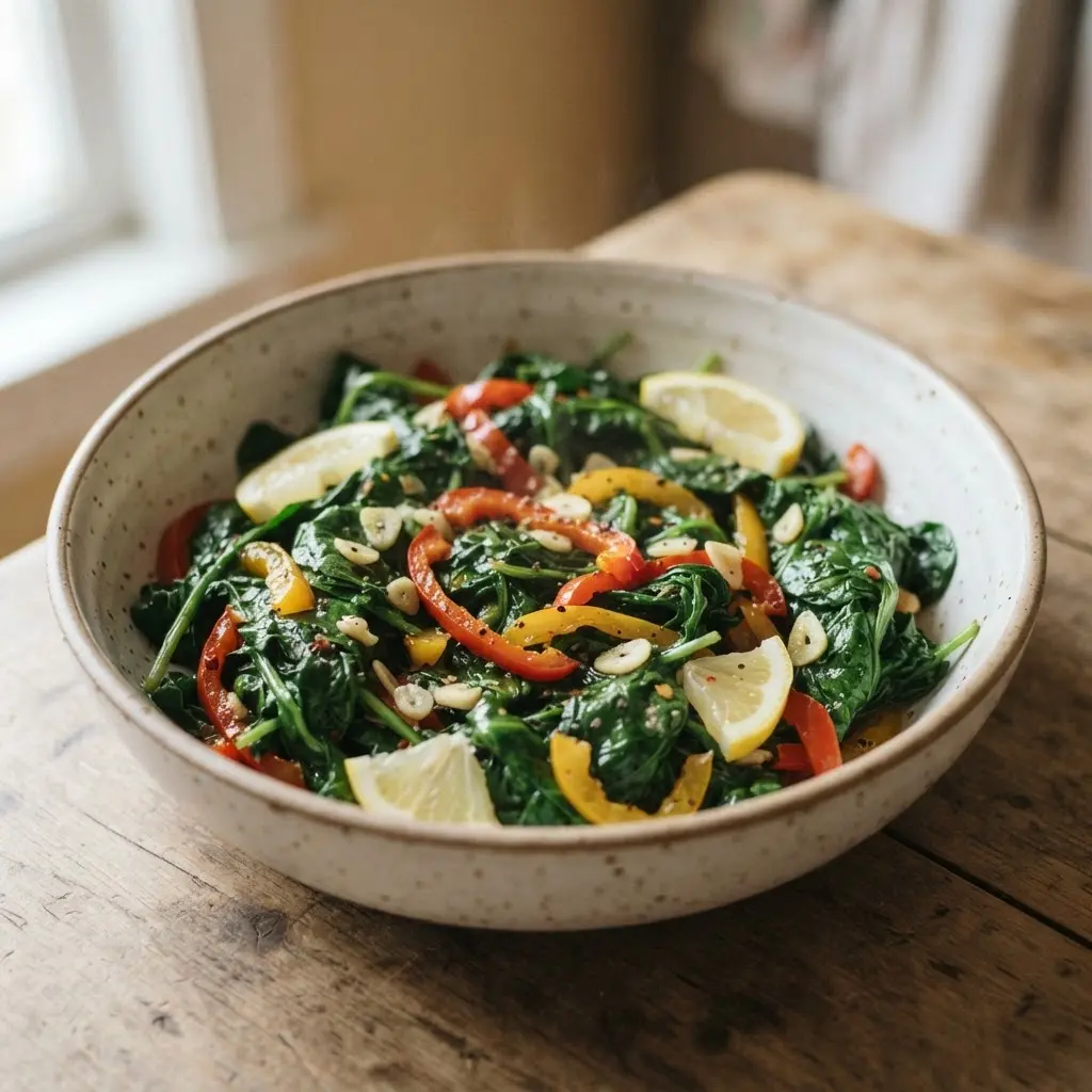 A bowl of fresh spinach leaves sits beside lemon wedges and sliced peppers on a pale counter.