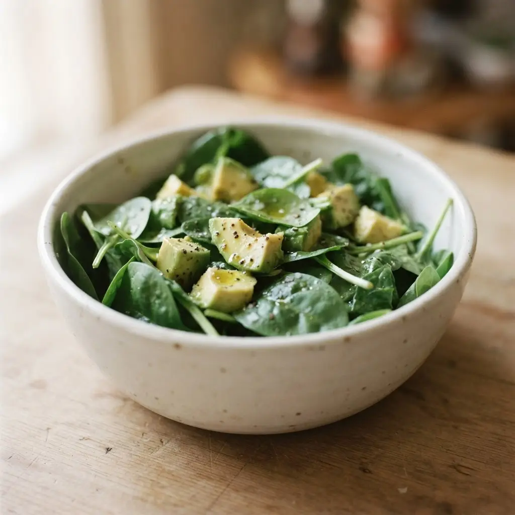 Spinach leaves rest beside avocado slices, olive oil, and a small glass bowl on a white plate.