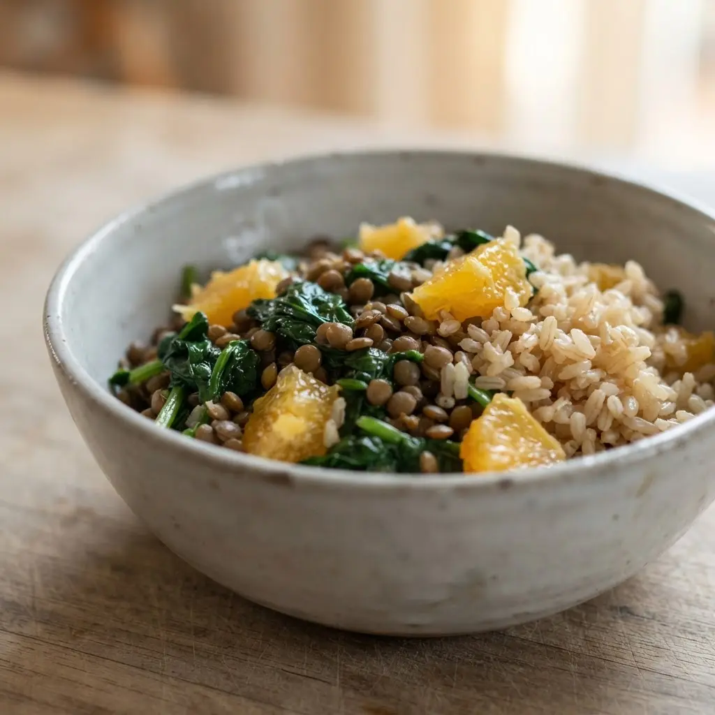 Cooked spinach sits beside lentils, orange wedges, and brown rice in a ceramic bowl.