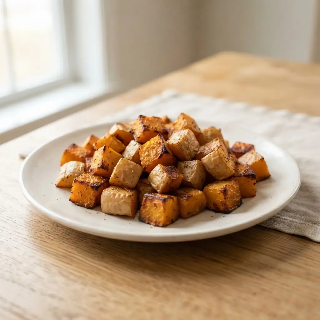Sliced orange butternut squash beside roasted cubes, showing dense color linked with health benefits of squash.