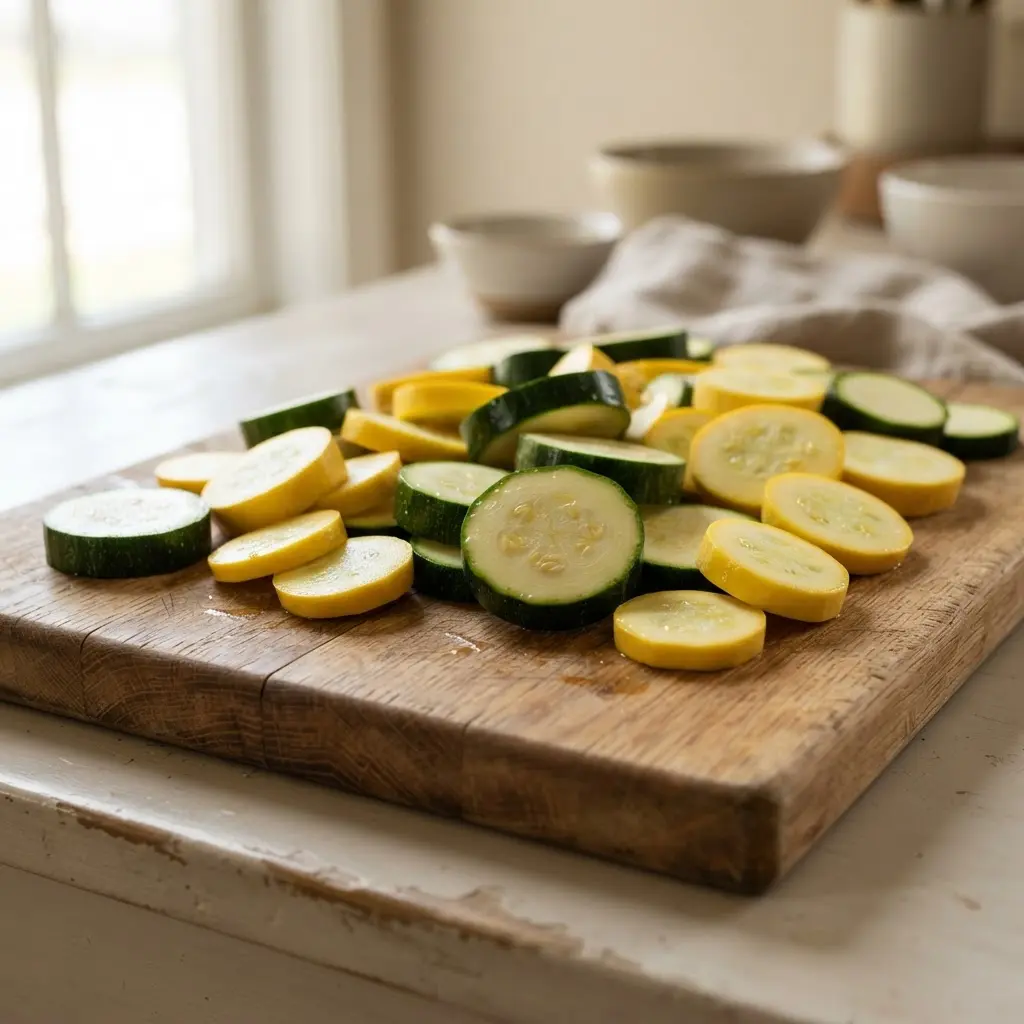 Halved yellow summer squash and zucchini on a wooden board, highlighting fresh vitamin C rich produce.