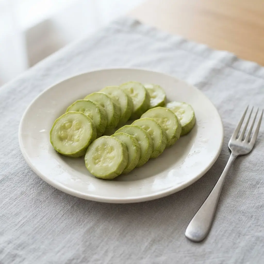 Steamed zucchini rounds and a fork on a white plate, showing squash nutrition in a fiber-rich serving for digestion.