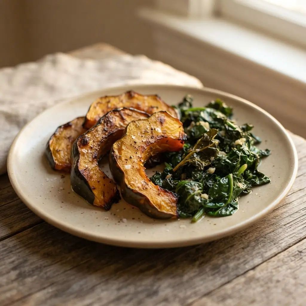 Roasted acorn squash wedges with leafy greens on a plate, showing potassium-rich whole food.