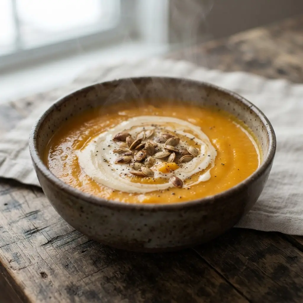 Colorful squash soup with pumpkin seeds in a bowl, showing squash nutrition in a nutrient-rich meal for immune support.