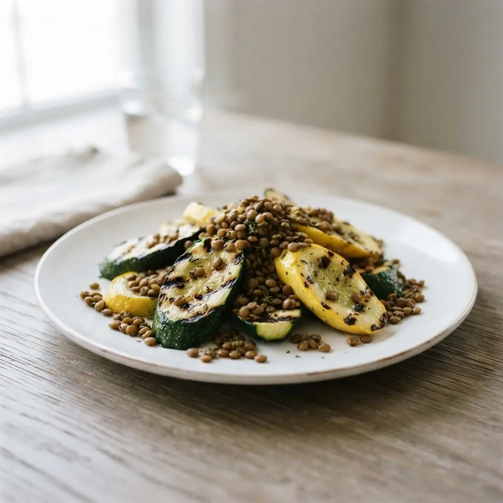Grilled zucchini, yellow squash, and lentils arranged on a plate for a balanced blood sugar meal.