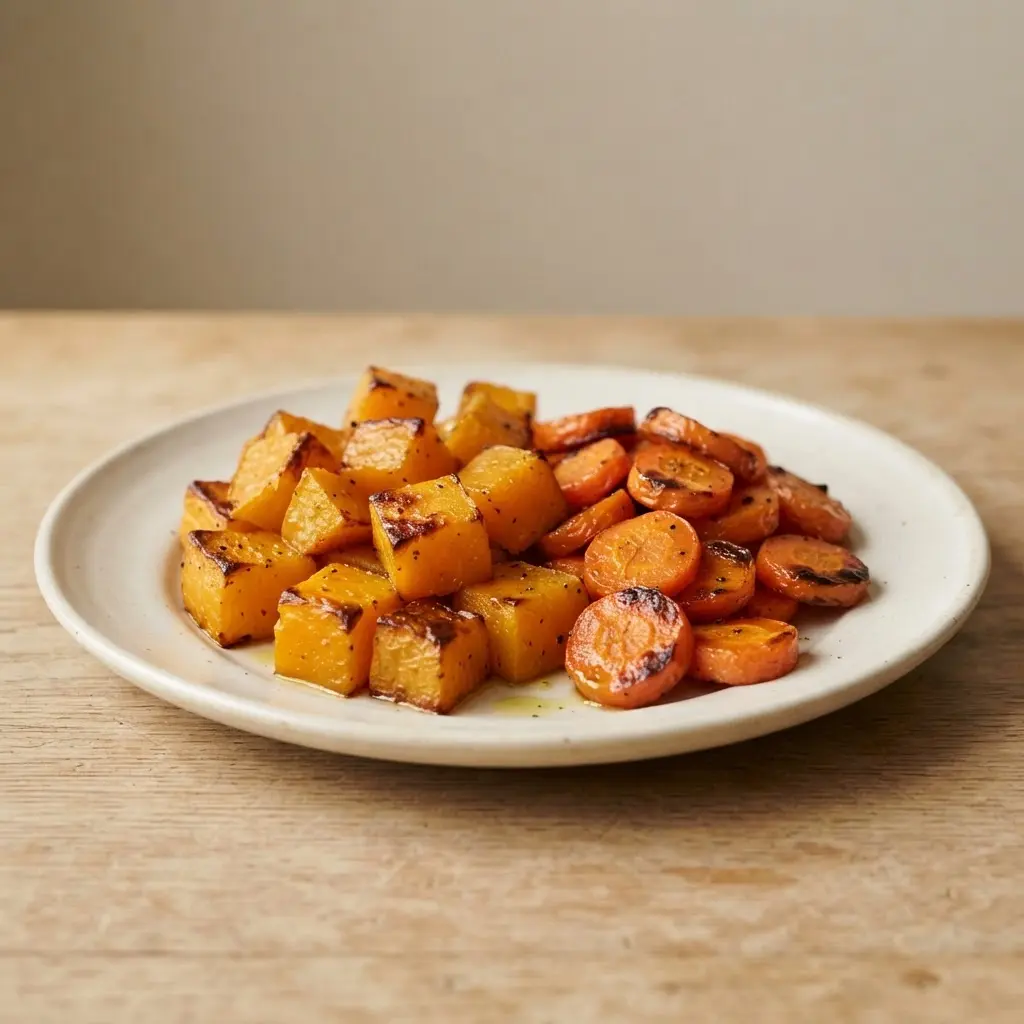 Roasted butternut squash cubes beside sliced carrots, showing squash nutrition in orange foods linked with vision support.