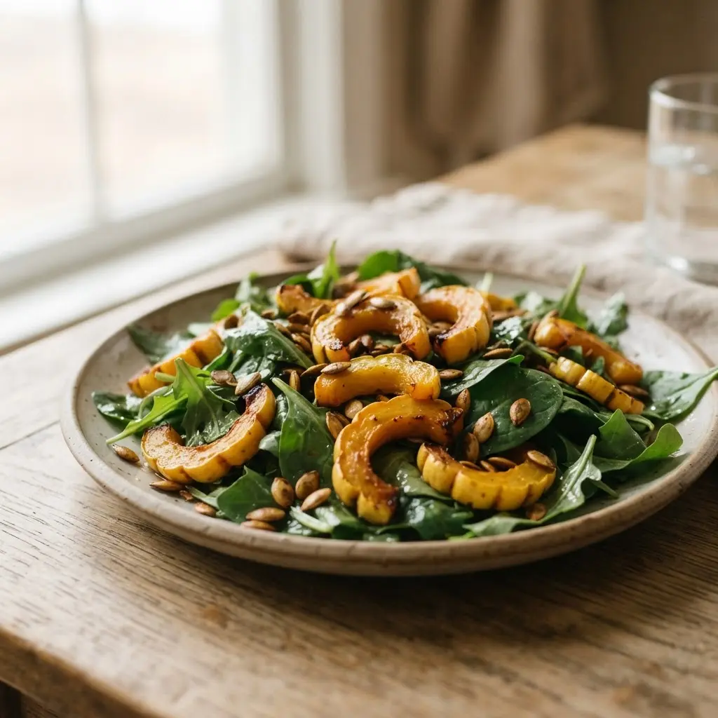 Sliced golden squash and pumpkin seeds beside a salad, showing colorful foods with skin-supporting antioxidants.
