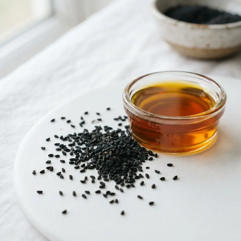 Whole black seeds beside a glass dish of oil, showing the health benefits of the black seed.