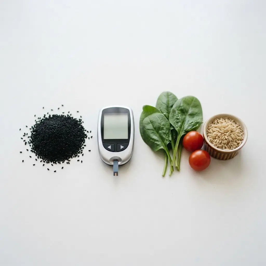 Black seeds beside a glucose meter and whole foods, showing blood sugar research linked to the health benefits of the black seed.