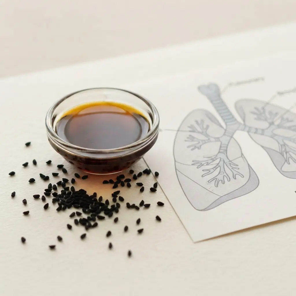 Black seed oil beside a clear lung diagram, showing respiratory research related to black seed health benefits.
