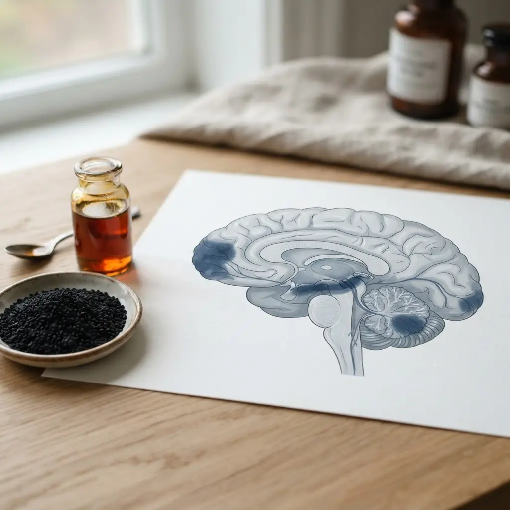 Whole black seeds beside a brain diagram with labeled areas for aging and nerve health research.