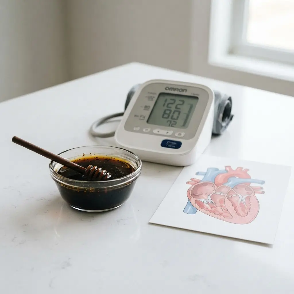Black seed oil beside a blood pressure monitor and heart diagram, showing cardiovascular health research.