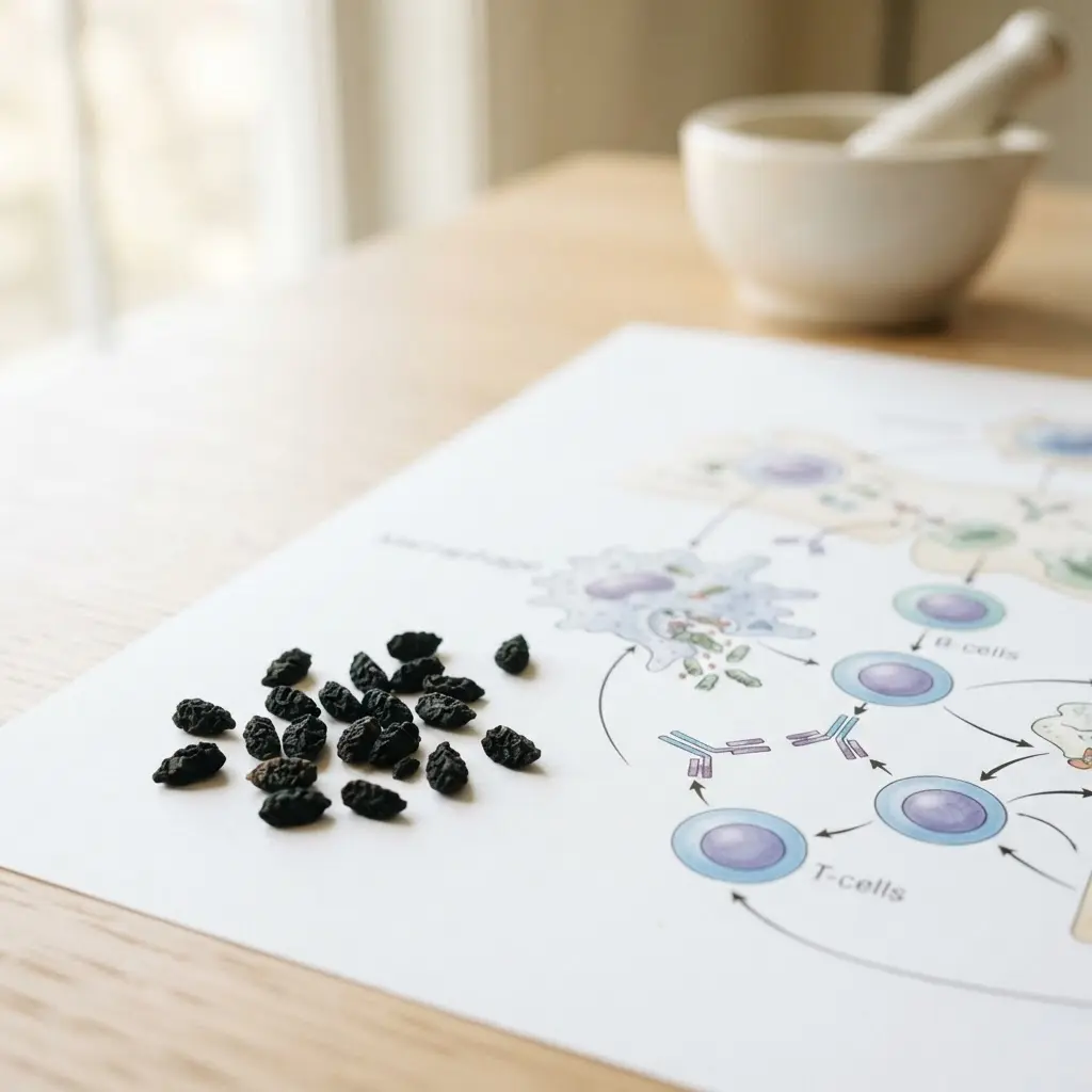 Whole black seeds beside a labeled illustration of immune cells and protective body responses.