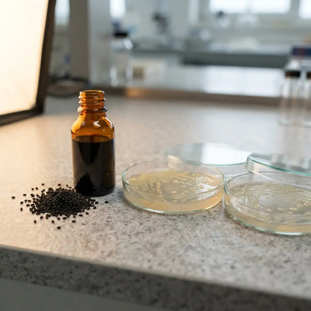 Black seed oil and whole seeds beside laboratory dishes showing antimicrobial and antifungal activity in research.