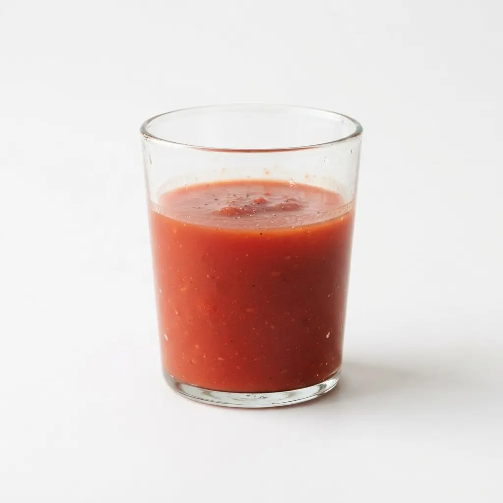 Tomato juice in a clear drinking glass on a clean white background.
