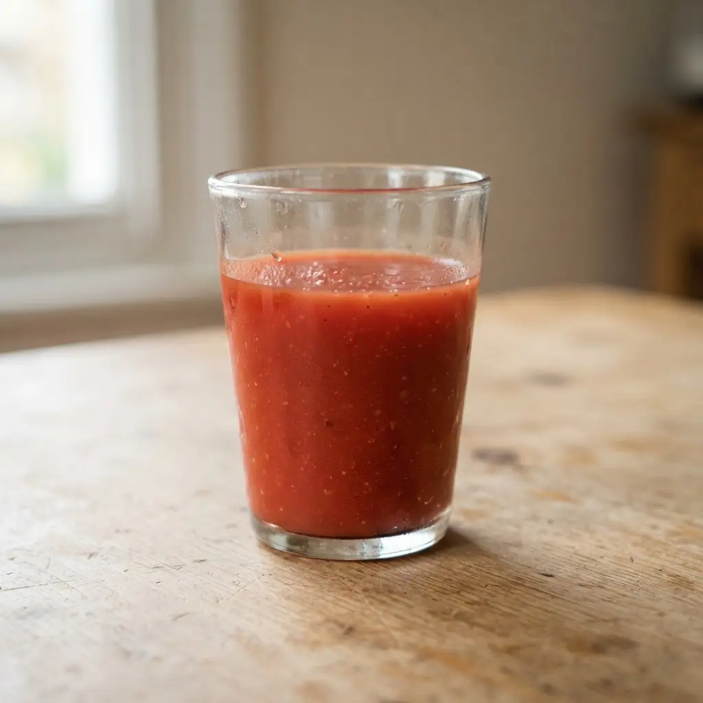 Tomato juice in a clear drinking glass on a plain wooden surface.