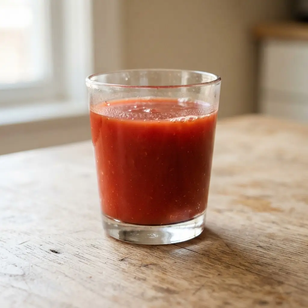 Tomato juice in a clear drinking glass on a plain wooden surface.