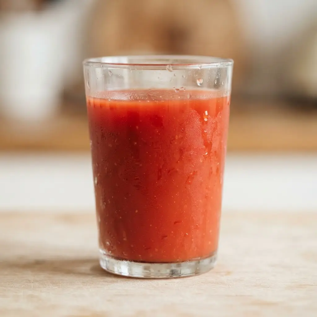 Tomato juice in a clear drinking glass in close-up.
