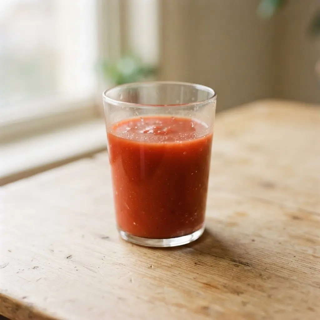 Tomato juice in a clear drinking glass on a plain wooden surface.