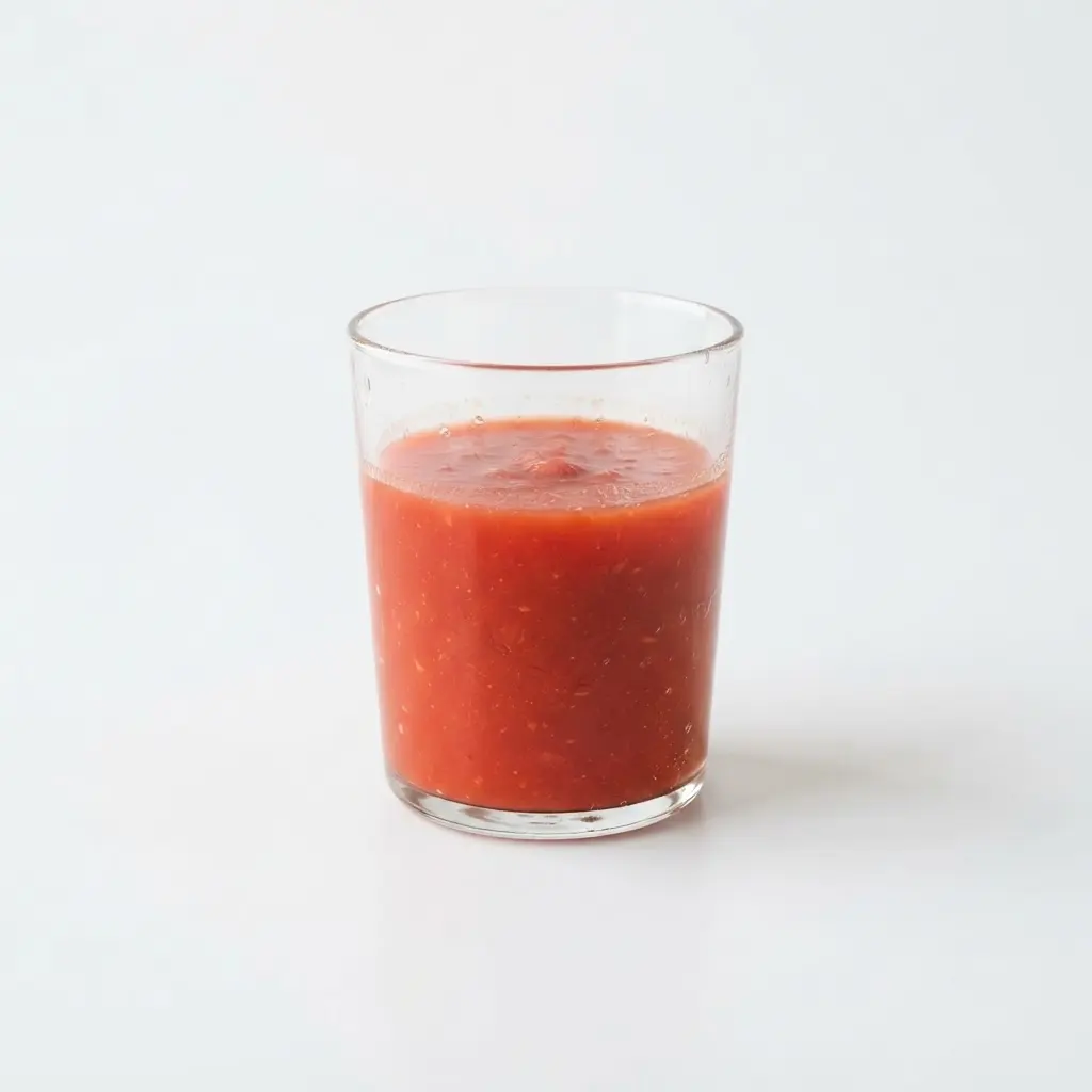 Tomato juice in a clear drinking glass on a clean white background.