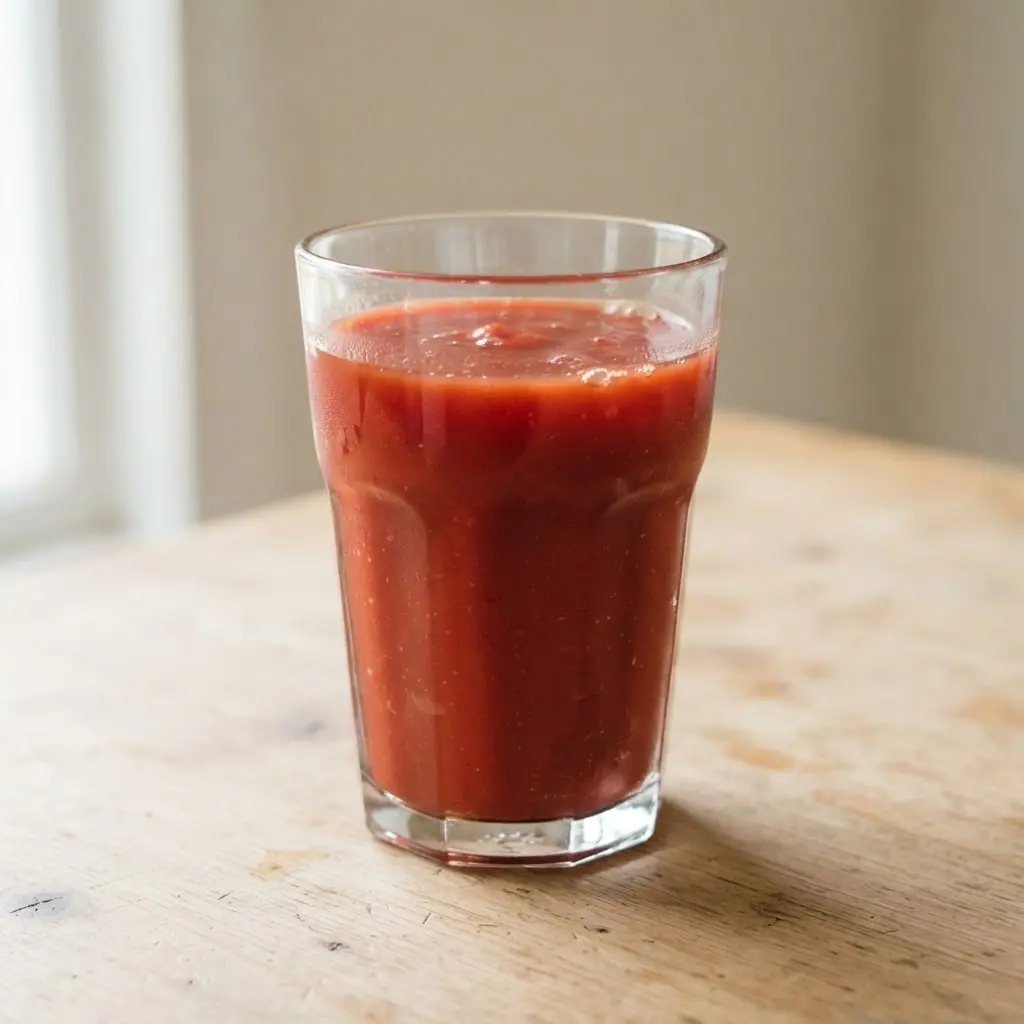 Tomato juice in a clear drinking glass on a plain wooden surface.