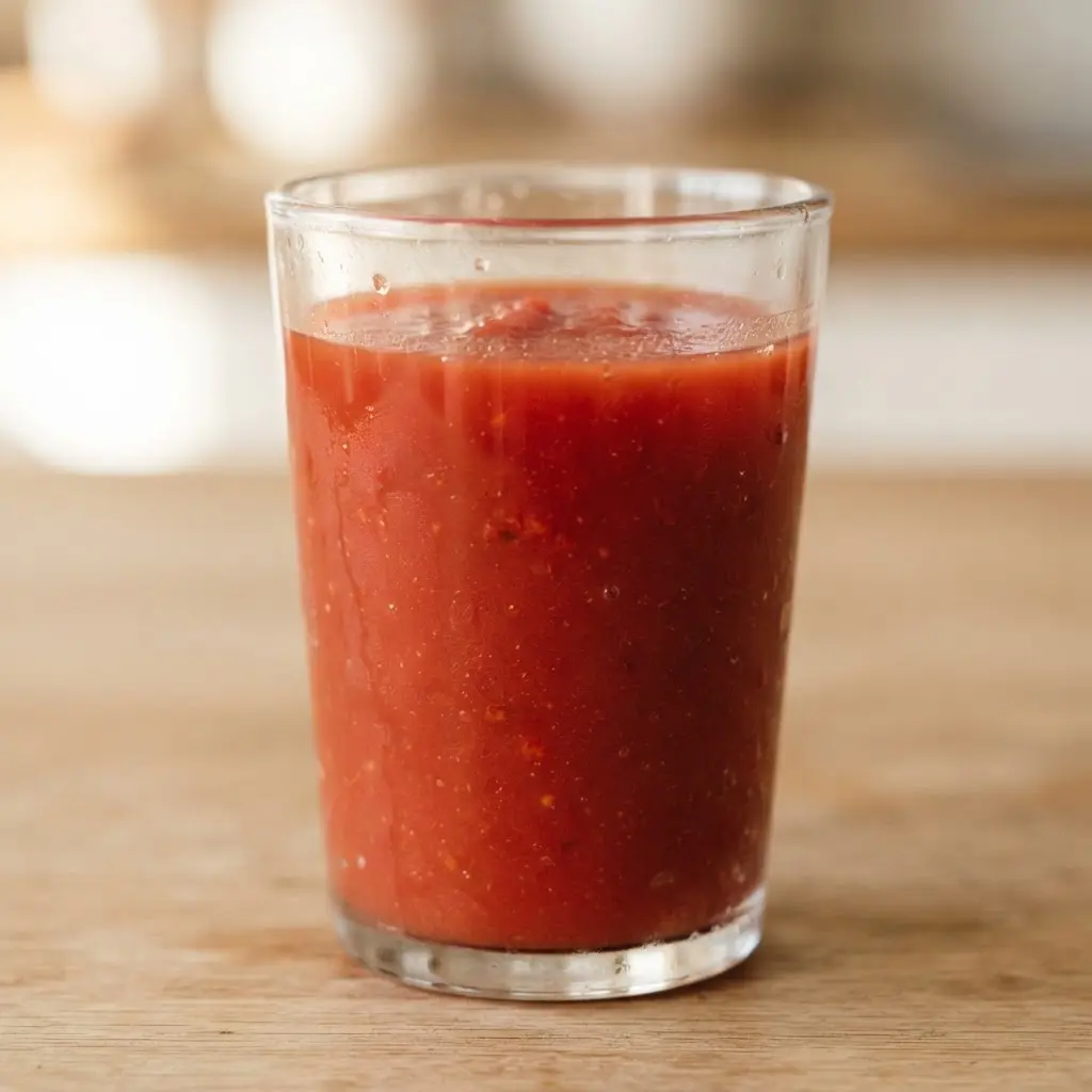 Tomato juice in a clear drinking glass in close-up.