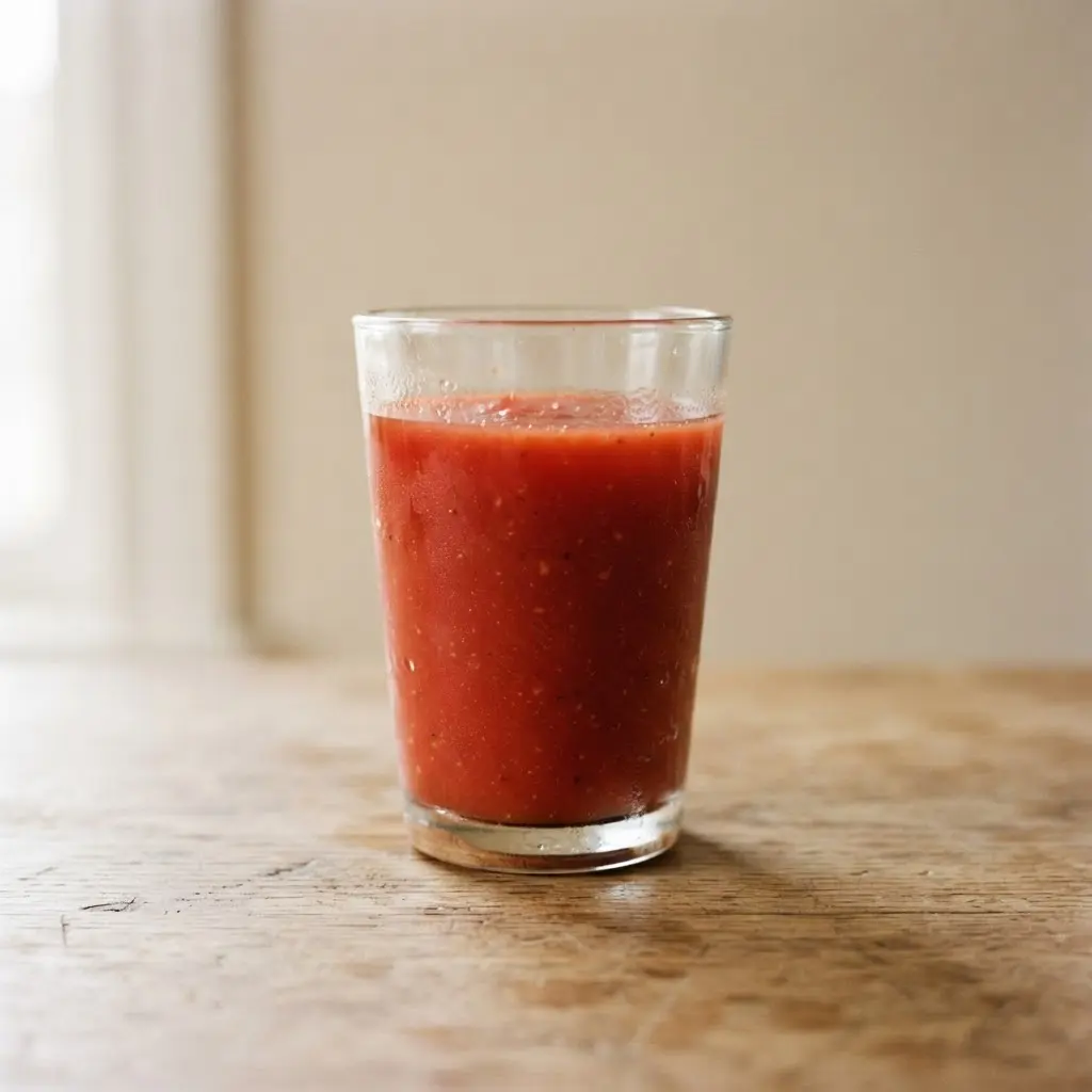 Tomato juice in a clear drinking glass on a plain wooden surface.