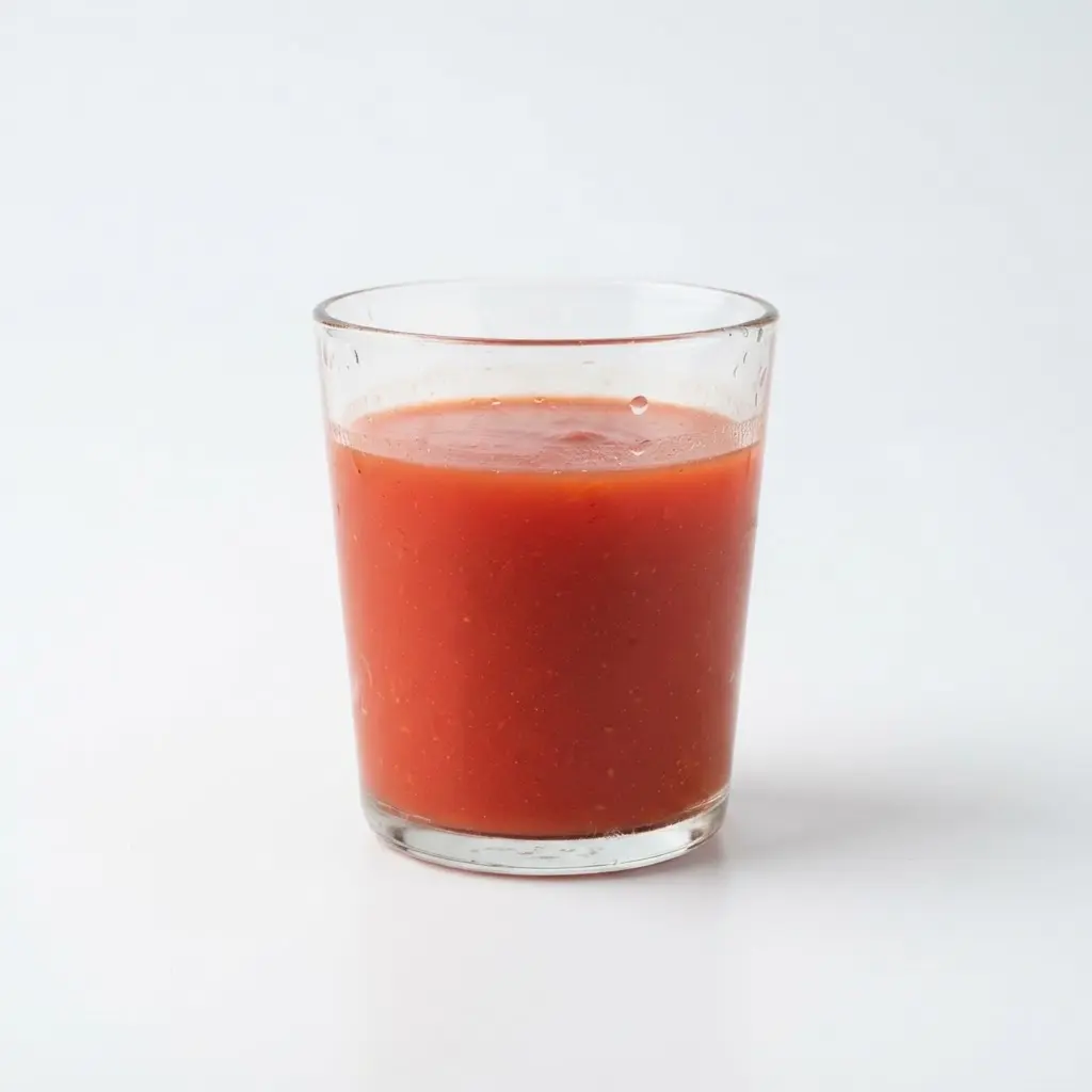 Tomato juice in a clear drinking glass on a clean white background.