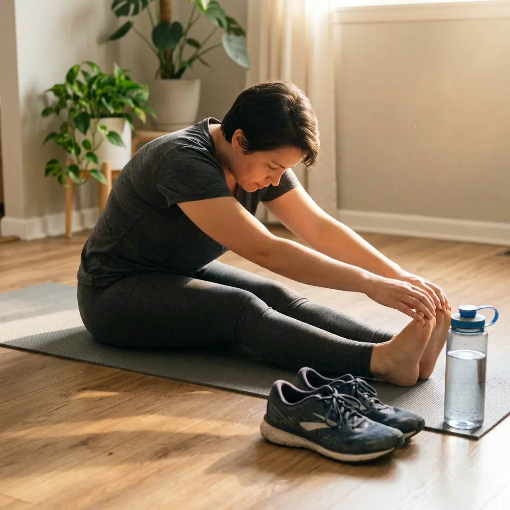 Adult stretching on a mat in a sunlit room beside running shoes and a water bottle.