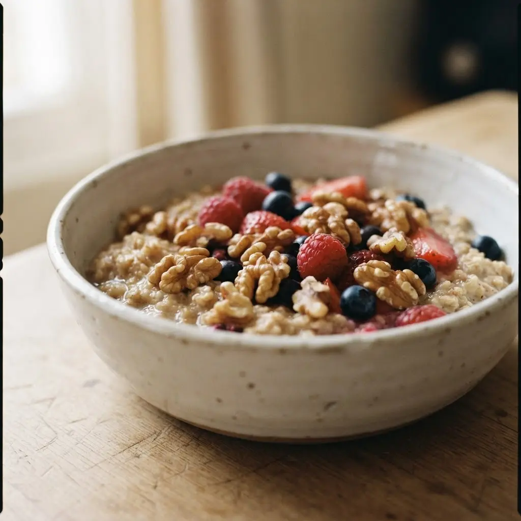 Raw walnut halves in a ceramic bowl beside oats and berries, showing health benefits of walnuts.