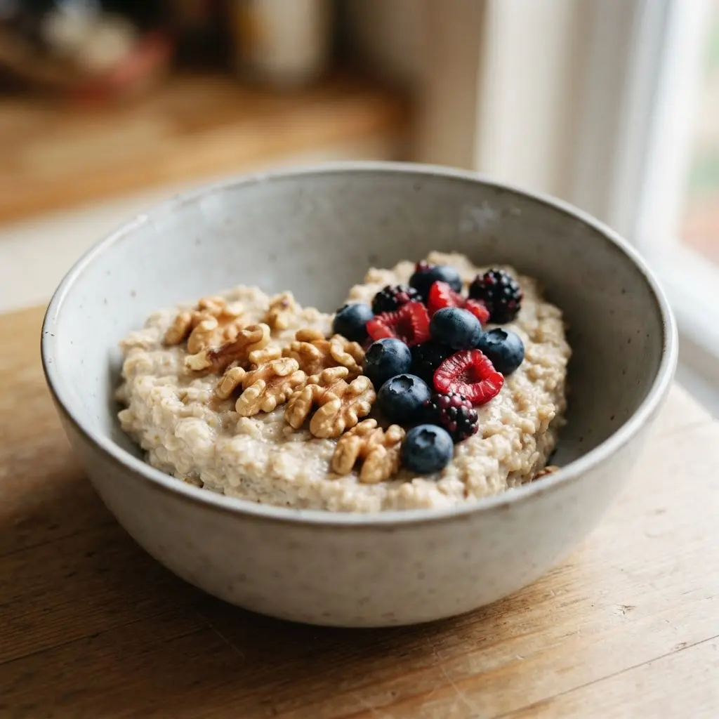 Plain walnut halves beside a heart-shaped bowl of oats and berries, highlighting a heart-friendly snack.