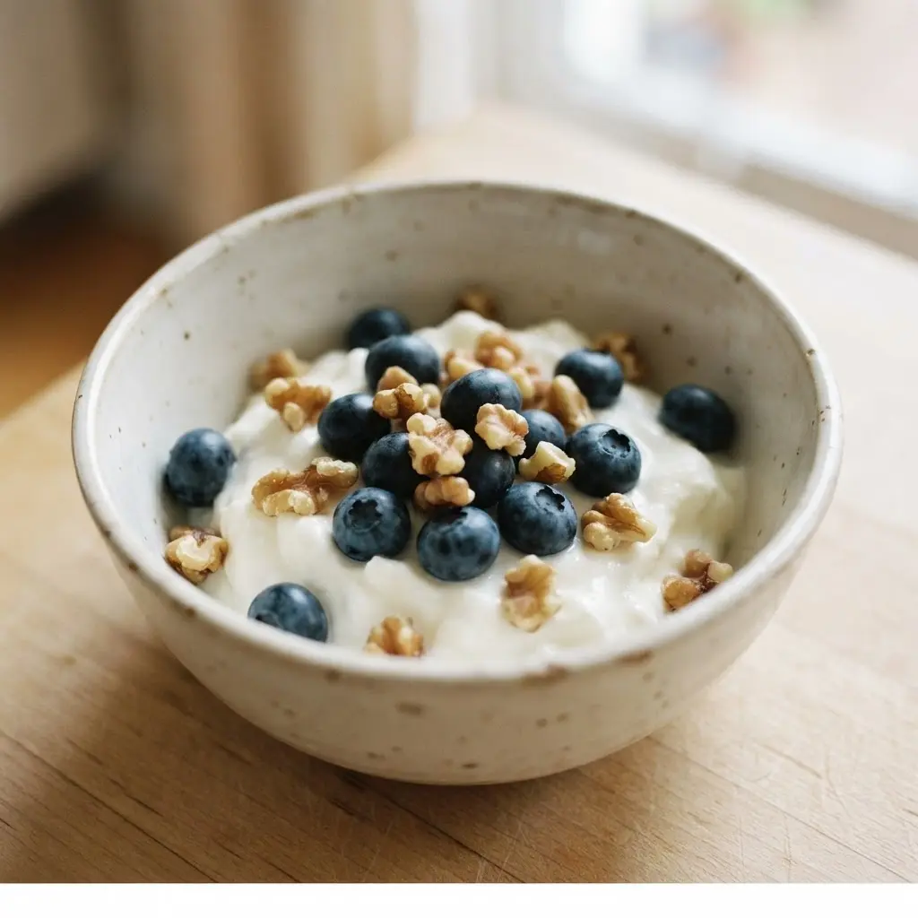 A bowl of yogurt with blueberries beside whole walnuts, representing health benefits of walnuts for brain support.