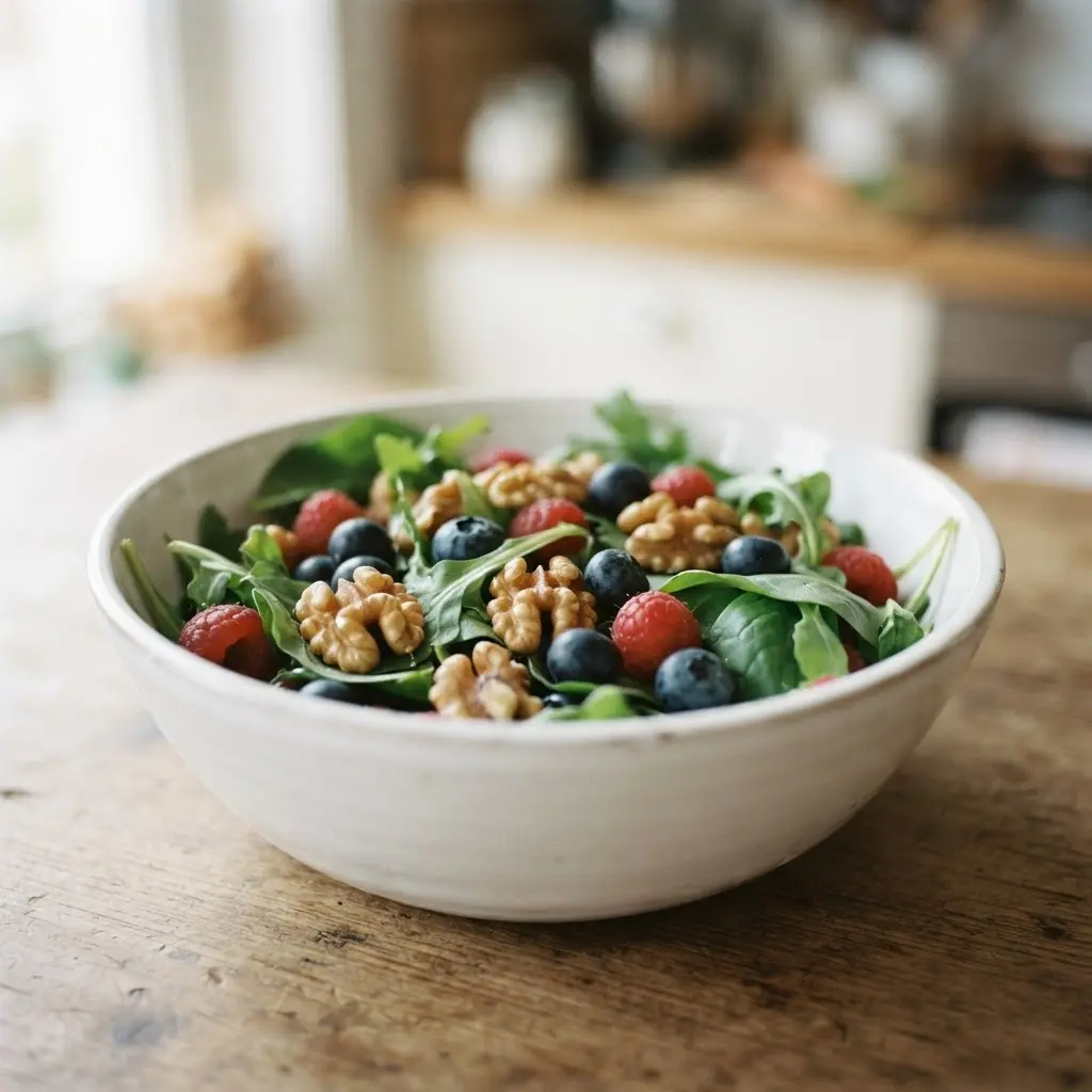 Whole walnuts arranged beside berries and leafy greens, illustrating antioxidant support from health benefits of walnuts.
