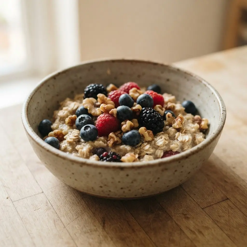 Fresh green leaves beside a glass bowl of chopped brown kernels and oats, in a clean kitchen setting.