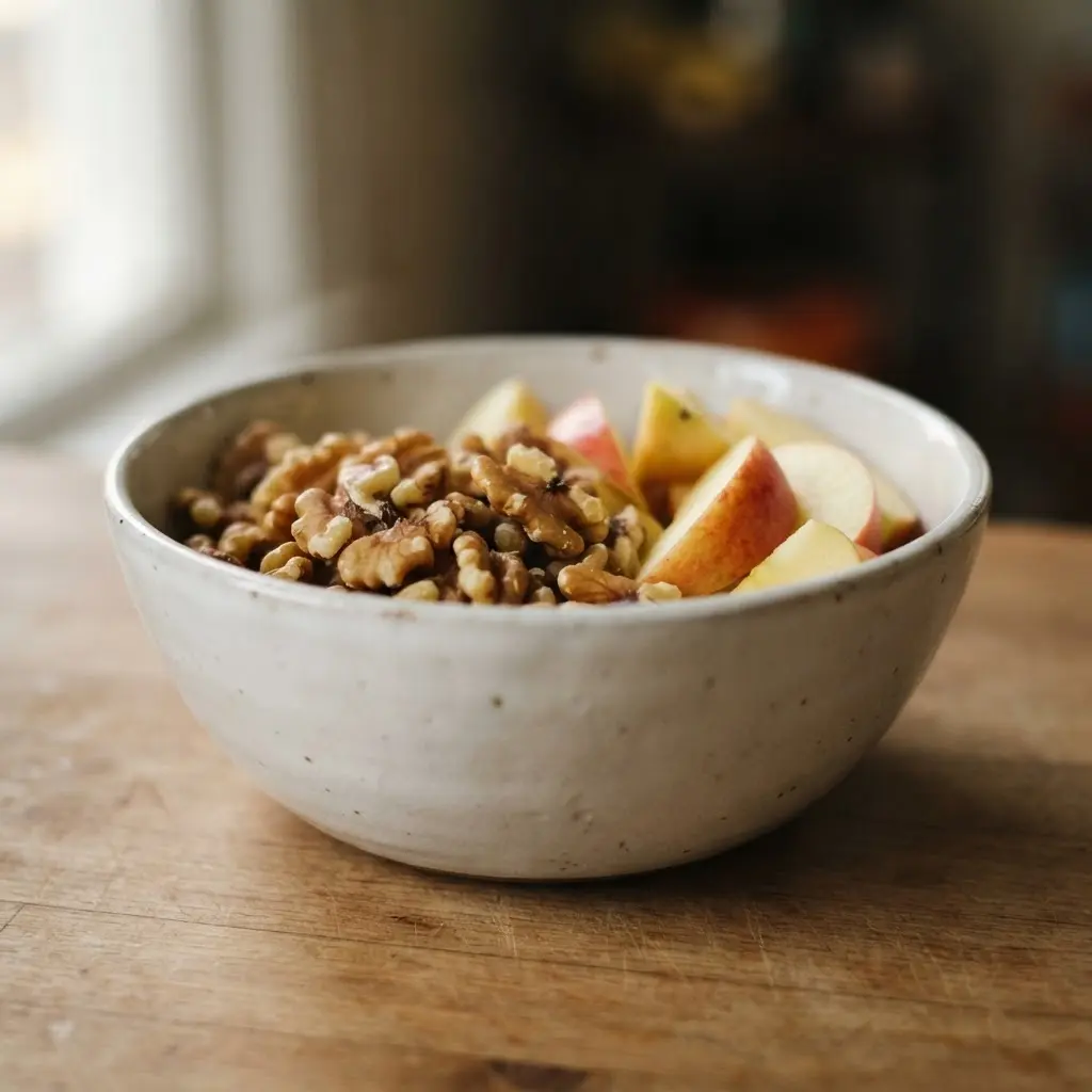 A small bowl of brown kernels beside sliced fruit on a white plate, with a kitchen scale nearby.