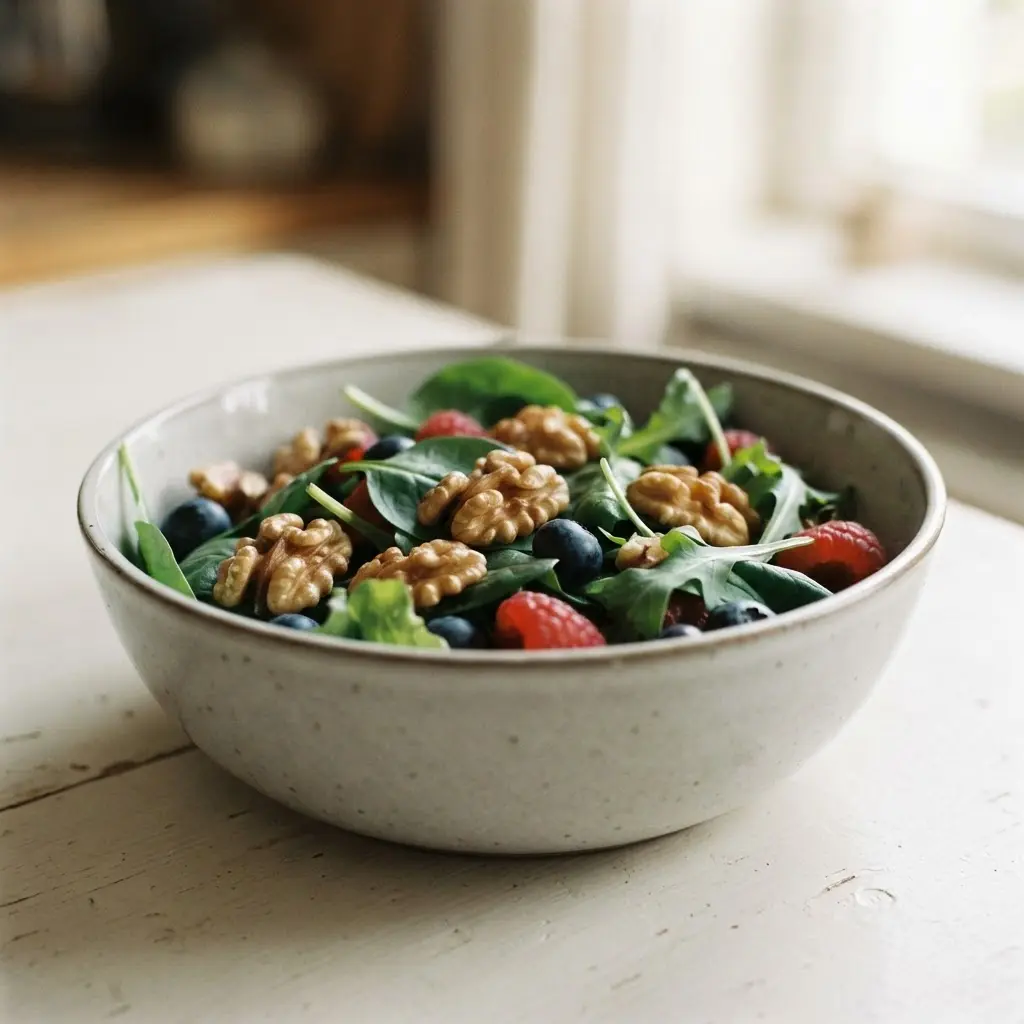 Plain brown kernels arranged beside leafy greens and berries on a pale wooden board.