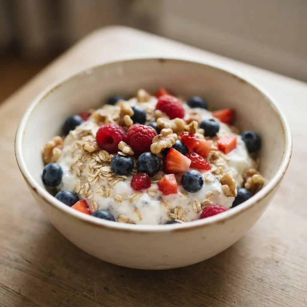 A measuring spoon, yogurt bowl, oats, and brown kernels arranged on a light countertop.