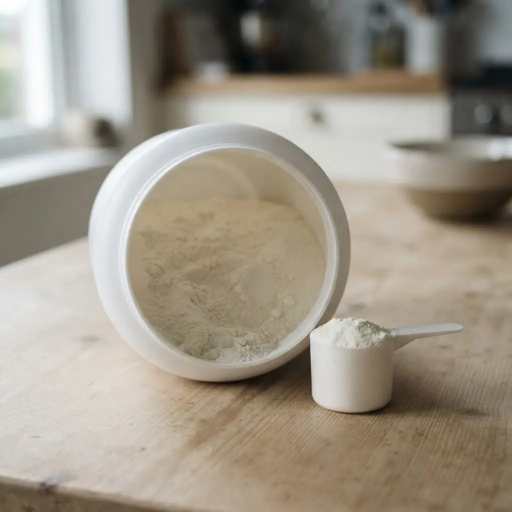A smooth matte white open tub of whey powder with a level scoop of powder resting beside it on a plain light surface.