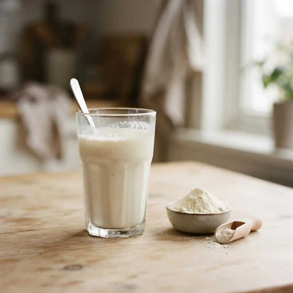 A glass of freshly mixed whey shake with a small mound of whey powder beside it, ready to drink.