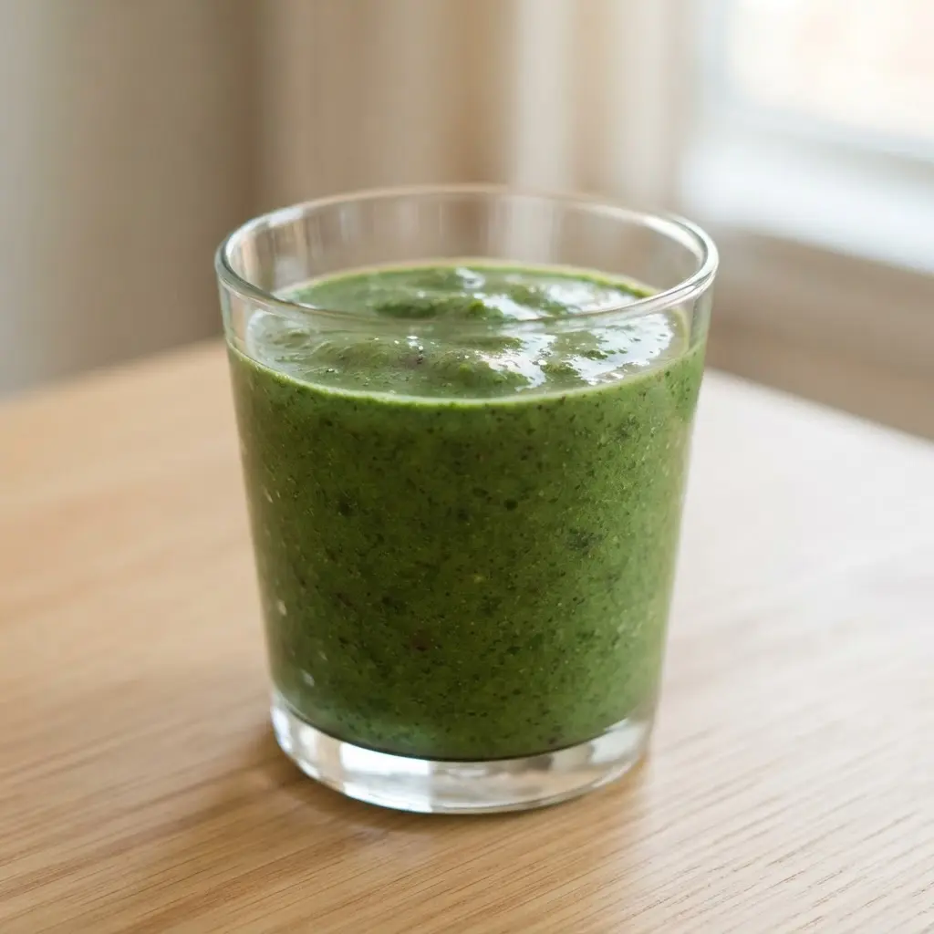 Green berry and spinach whey smoothie in a clear glass served in a clear drinking glass.