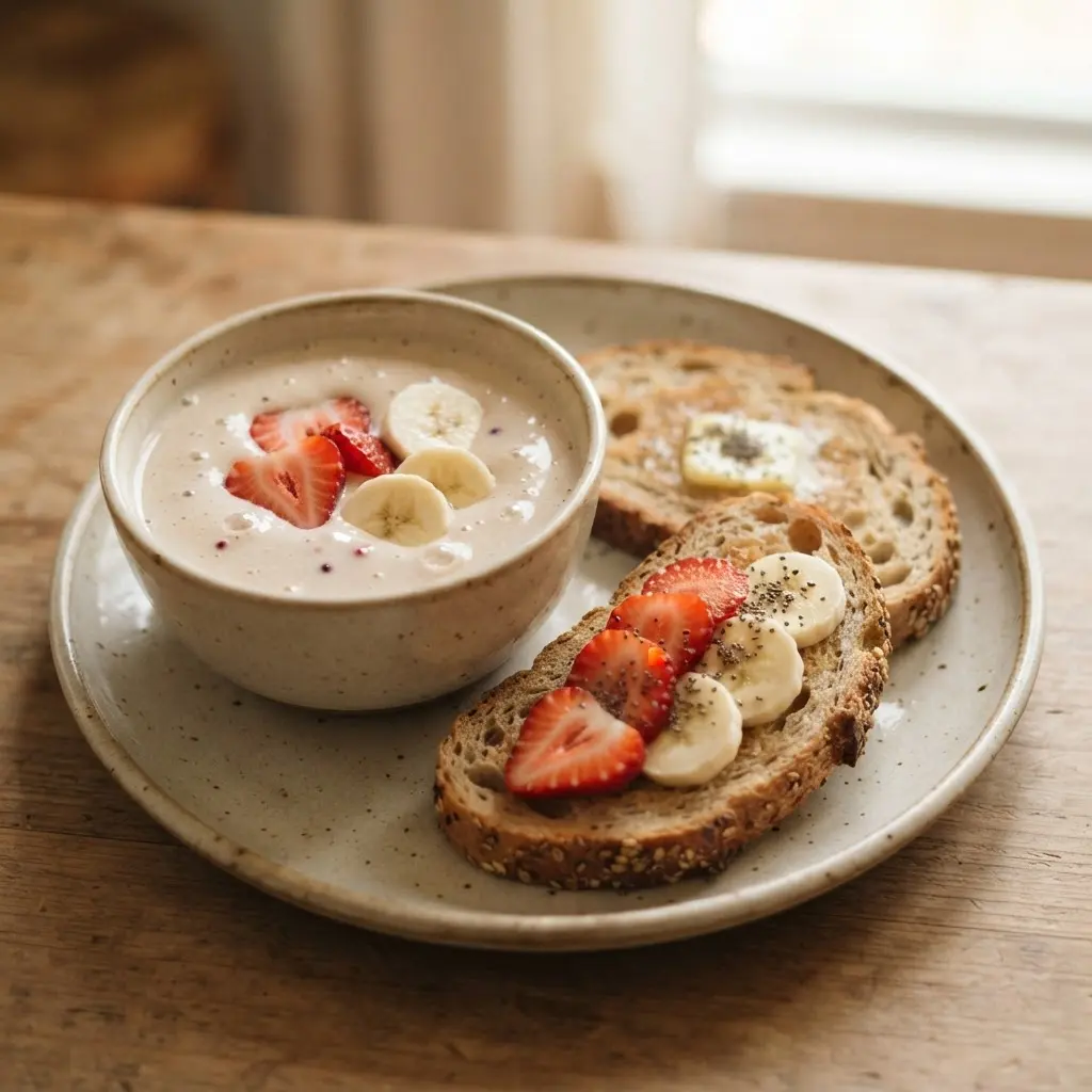 Whey protein drink with whole-grain toast and sliced fruit served on a ceramic plate.