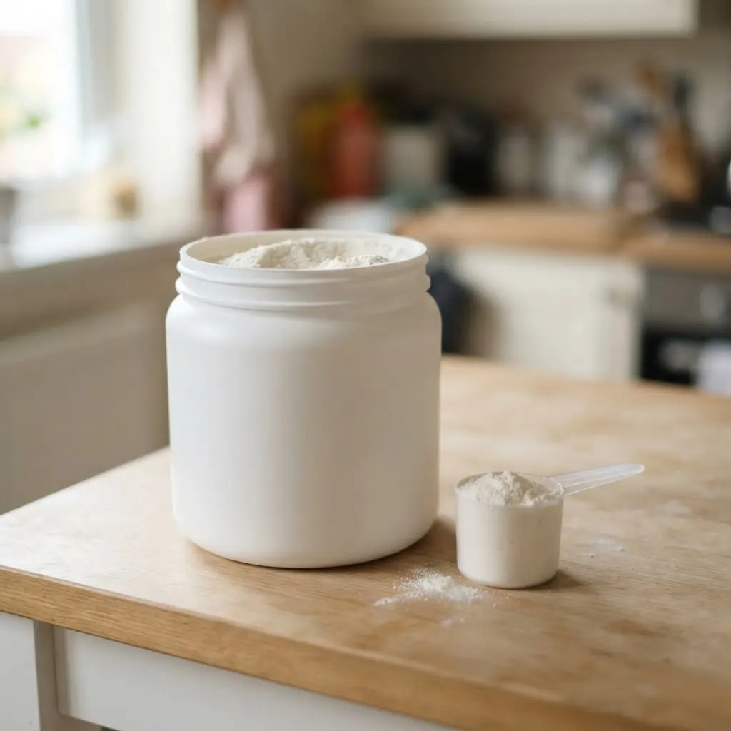 A smooth matte white open tub of whey powder with a level scoop of powder resting beside it on a plain light surface.