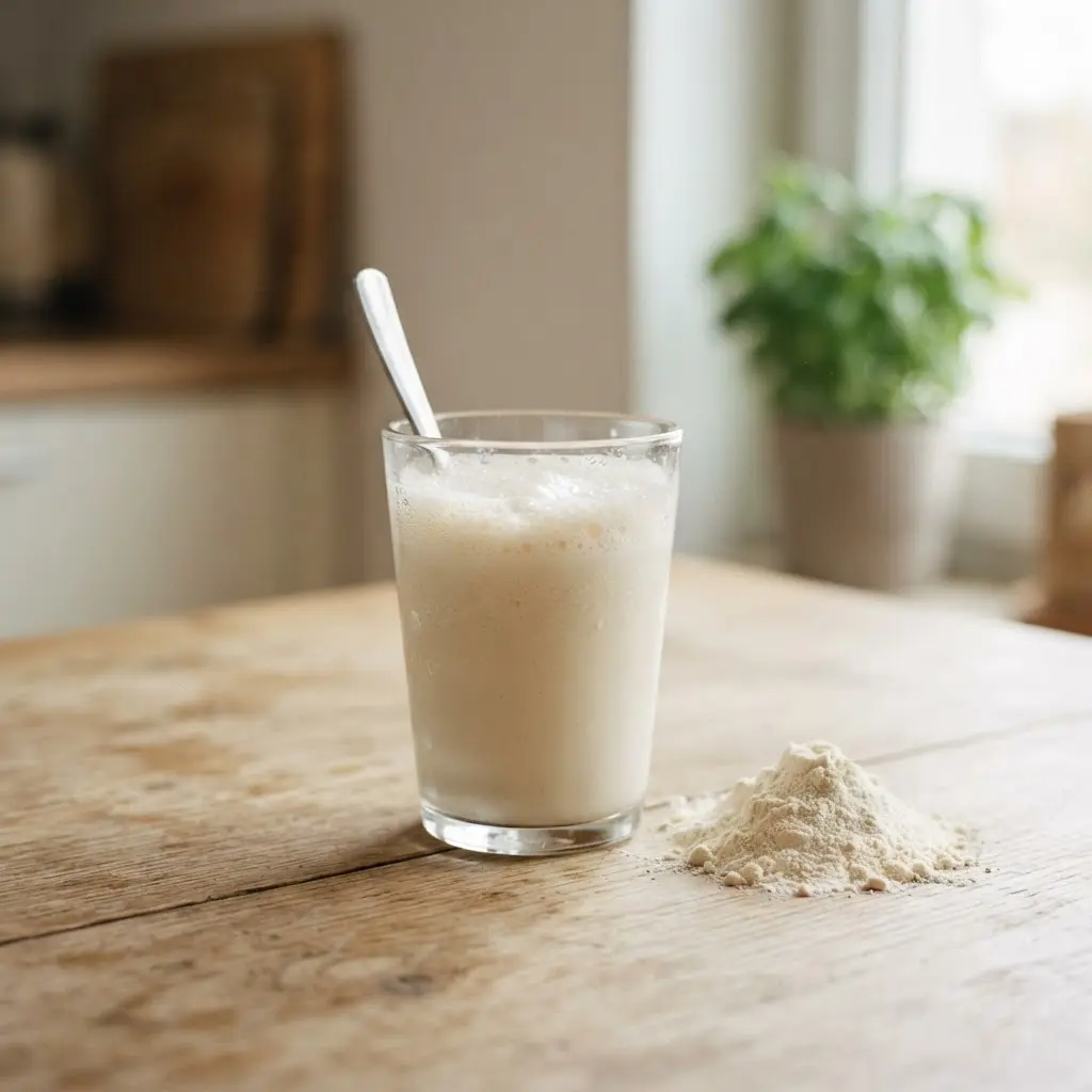A glass of freshly mixed whey shake with a small mound of whey powder beside it, ready to drink.