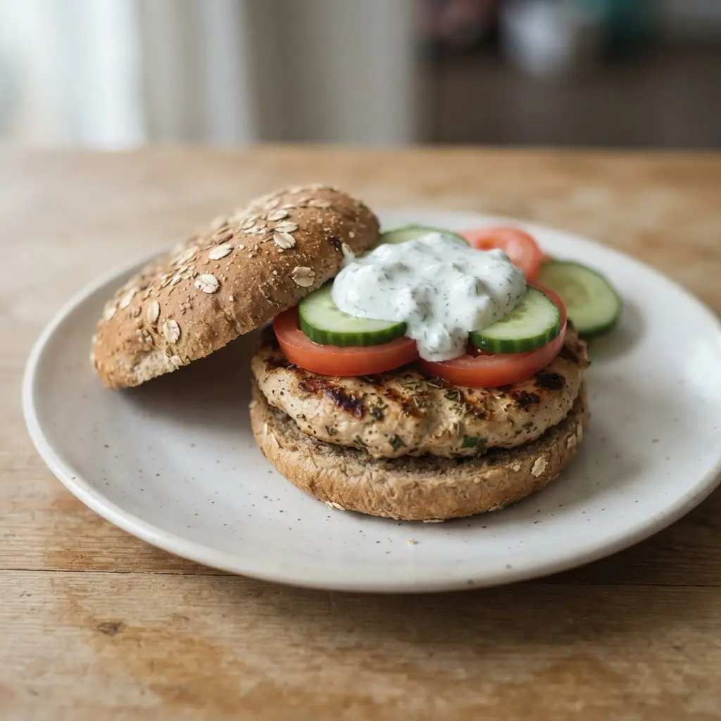 Healthier burger recipe ideas featuring a grilled turkey patty, cucumber, tomato, and fresh herbs.