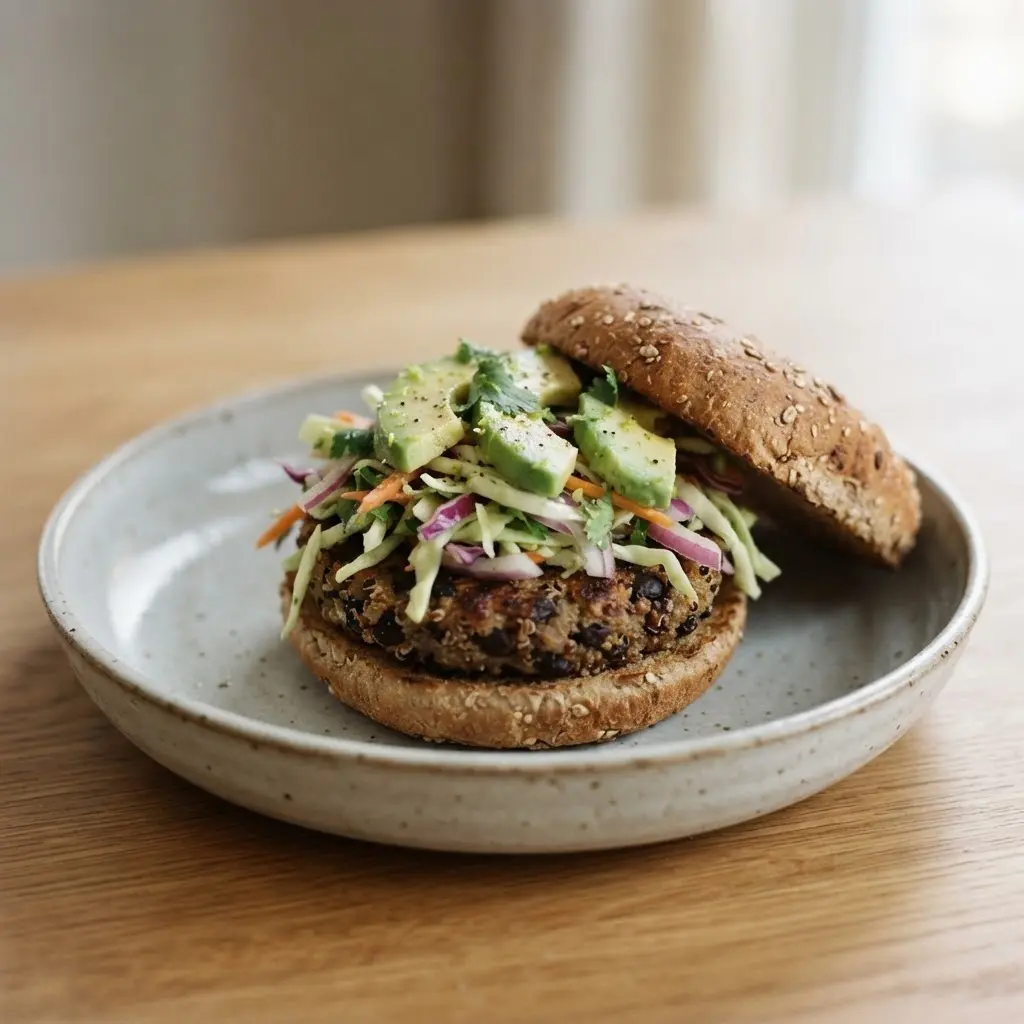 Black bean quinoa patty topped with avocado lime slaw on a whole-grain bun.
