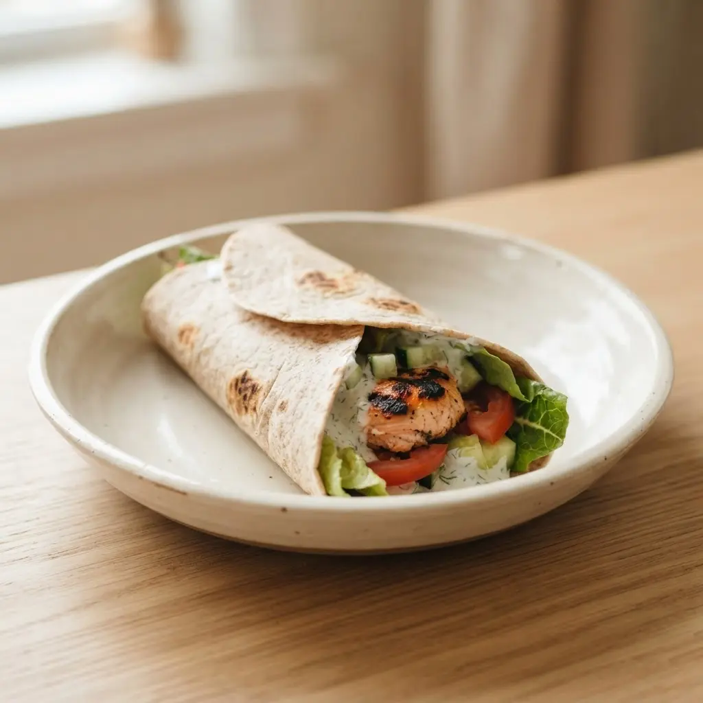 A salmon burger wrap with lettuce, tomato, cucumber, and dill yogurt sauce for lighter burger ideas.