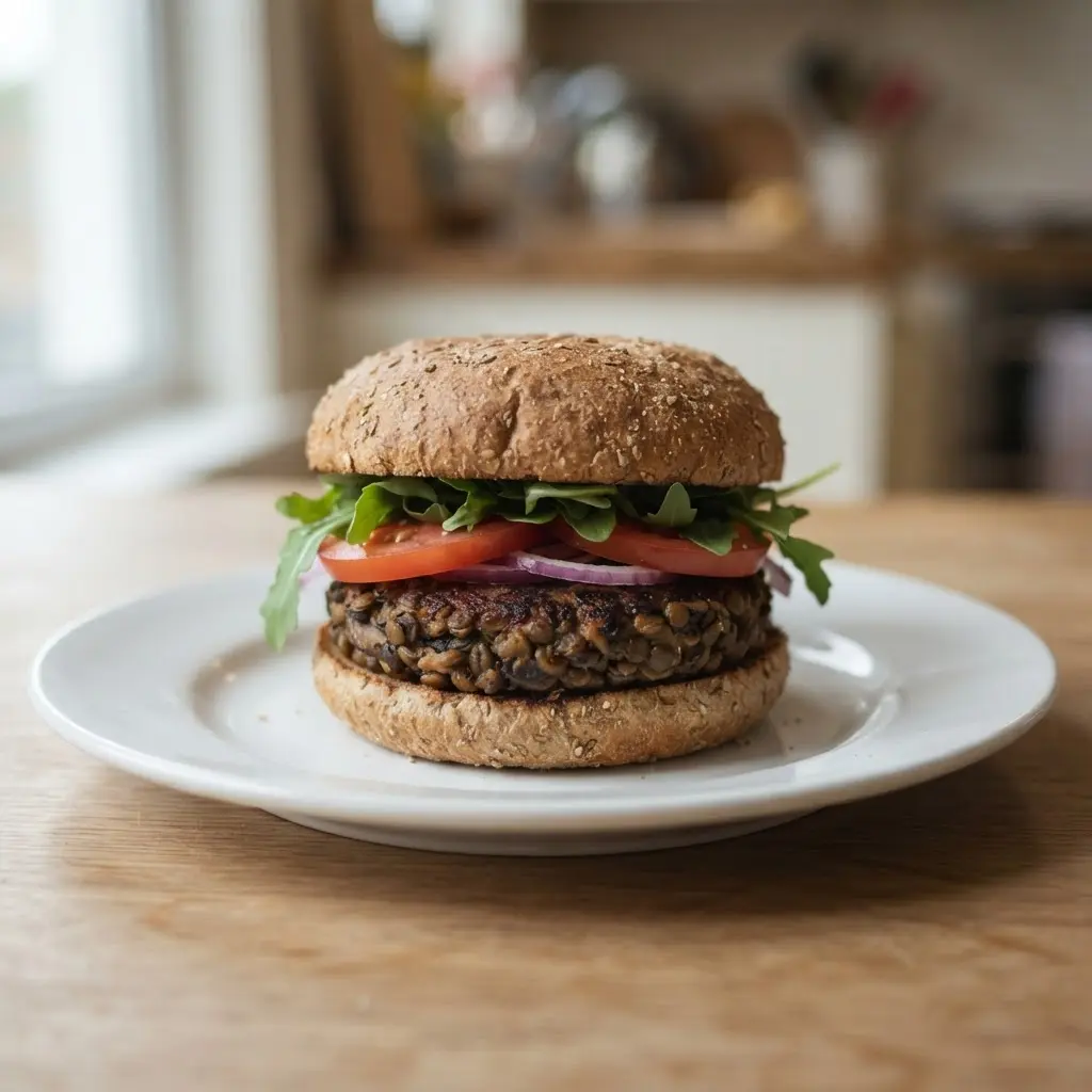 Mushroom lentil burger on a whole-grain bun with leafy greens, tomato, and sliced onion.