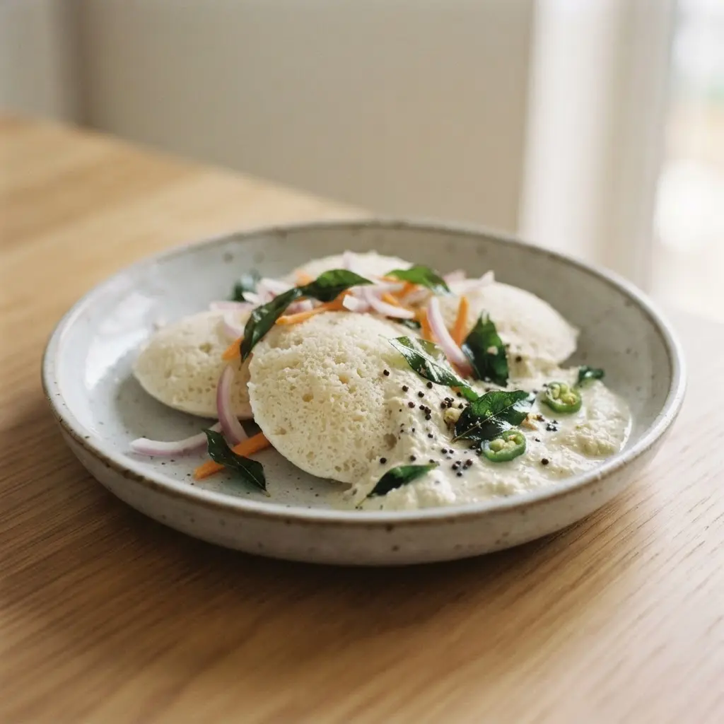 Soft fermented lentil rice cakes beside coconut chutney, curry leaves, and sliced vegetables on a plate.